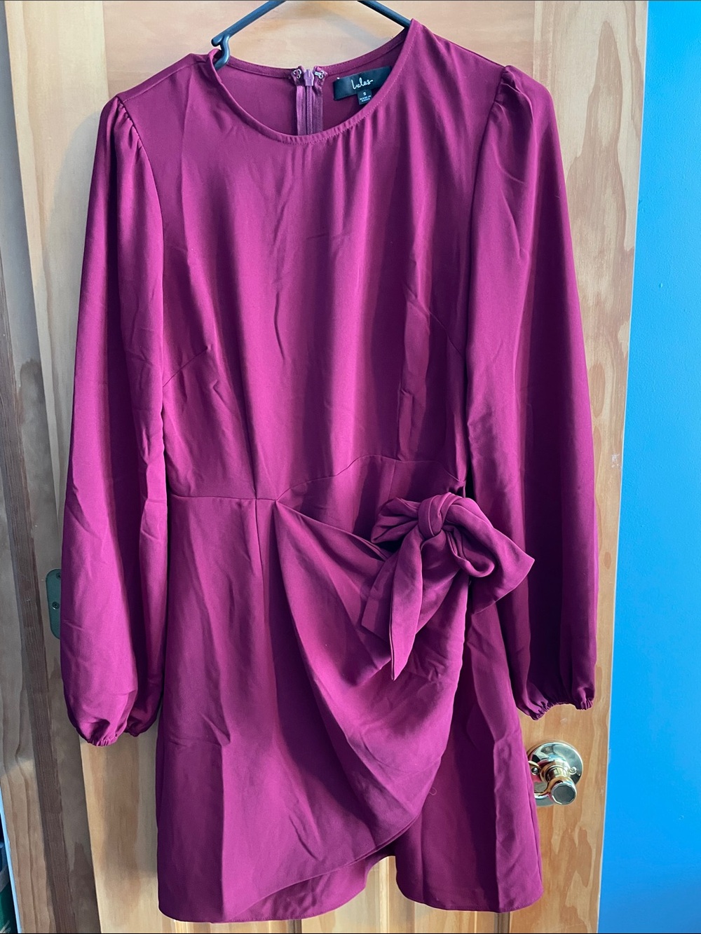 Lulu's Cranberry Faux Wrap Long Sleeve Dress